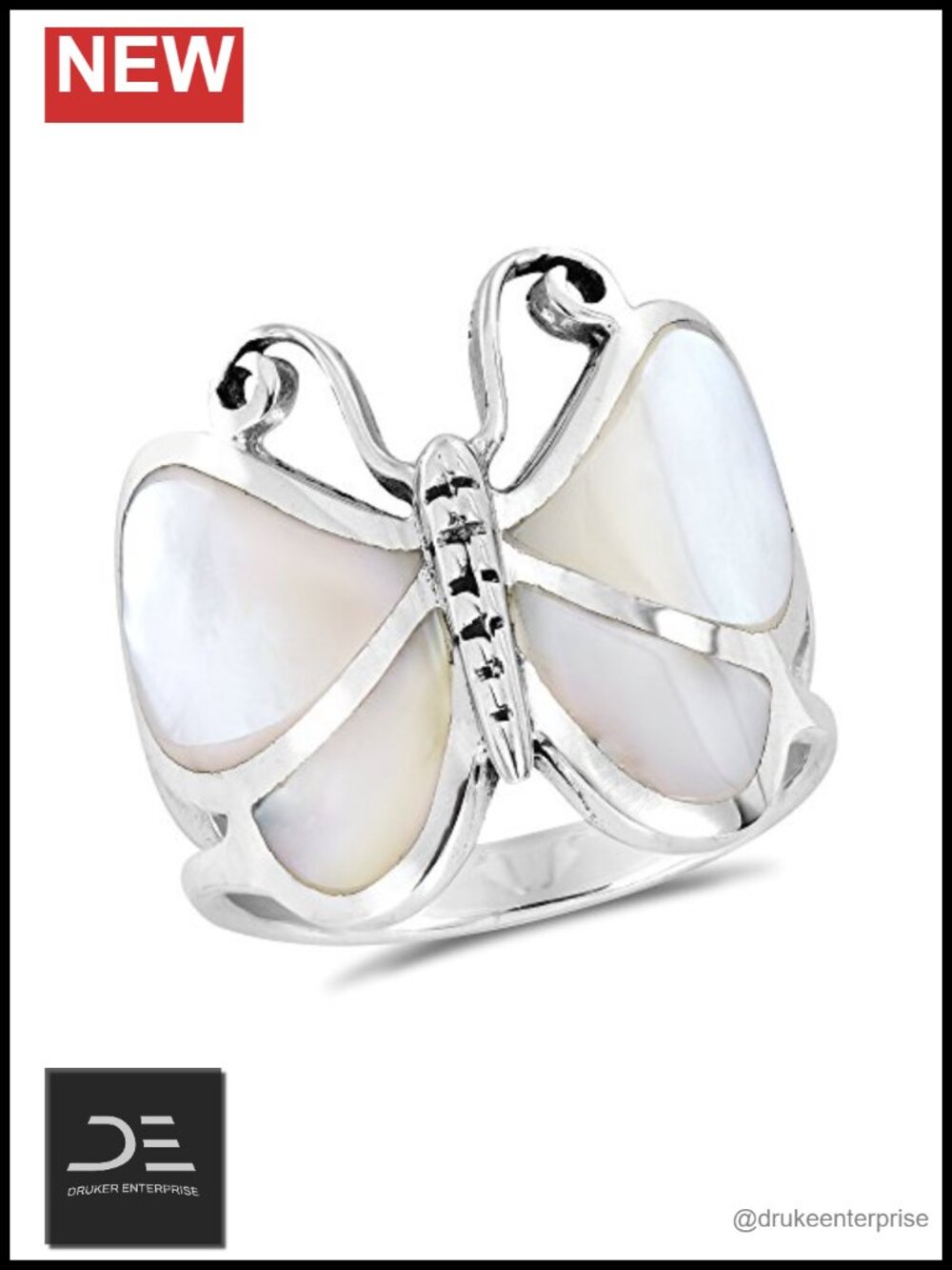Sterling Silver Butterfly Statement Ring White Mother of Pearl Size 8
